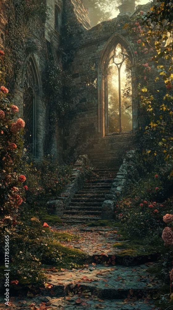 Obraz premium Enchanting Ruins of a Medieval Castle Shrouded in Lush Foliage and Ethereal Light An ancient moss covered stone structure stands as a gateway to a mystical fairytale like realm