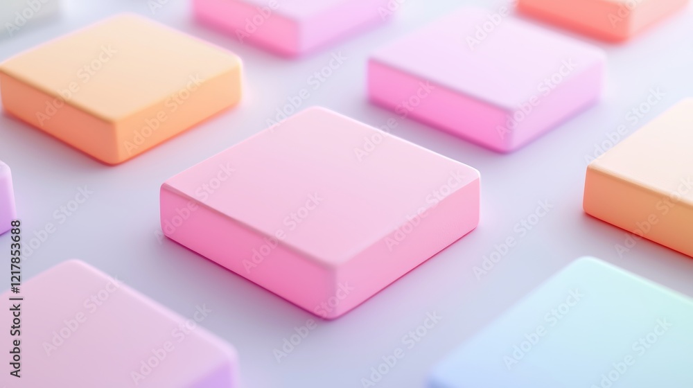 A 3D-rendered set of billets featuring multi-color gradients and smooth shadows, evenly spaced on a pristine white surface A 3D-rendered set of billets featuring multi-color gradients and smooth shadows, evenly spaced on a pristine white surface