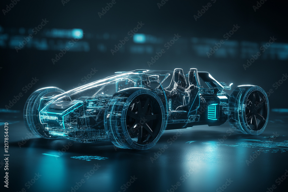 Futuristisches Auto in neonblauer Glaskonstruktion
Futuristisches Auto in neonblauer Glaskonstruktion