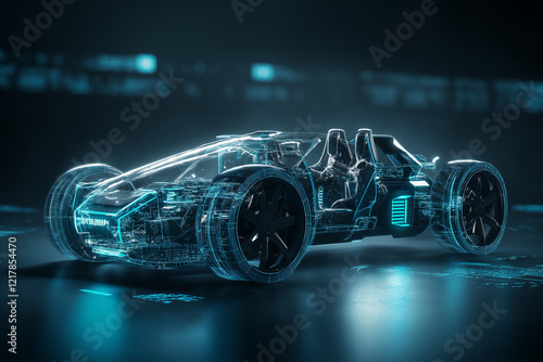 Futuristisches Auto in neonblauer Glaskonstruktion

 photo