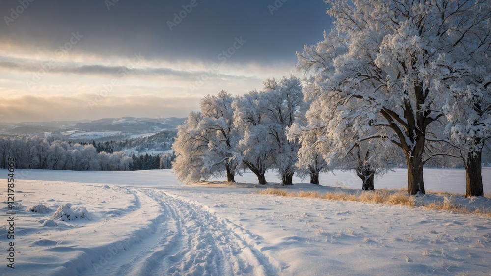 Fototapeta premium Snow covered trees and trail winter landscape