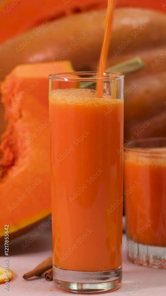 pumpkin juice in a glass and sliced ripe pumpkin, natural pumpkin juice with ice and pieces of fresh pumpkin pumpkin juice in a glass and sliced ripe pumpkin, natural pumpkin juice with ice and pieces of fresh pumpkin