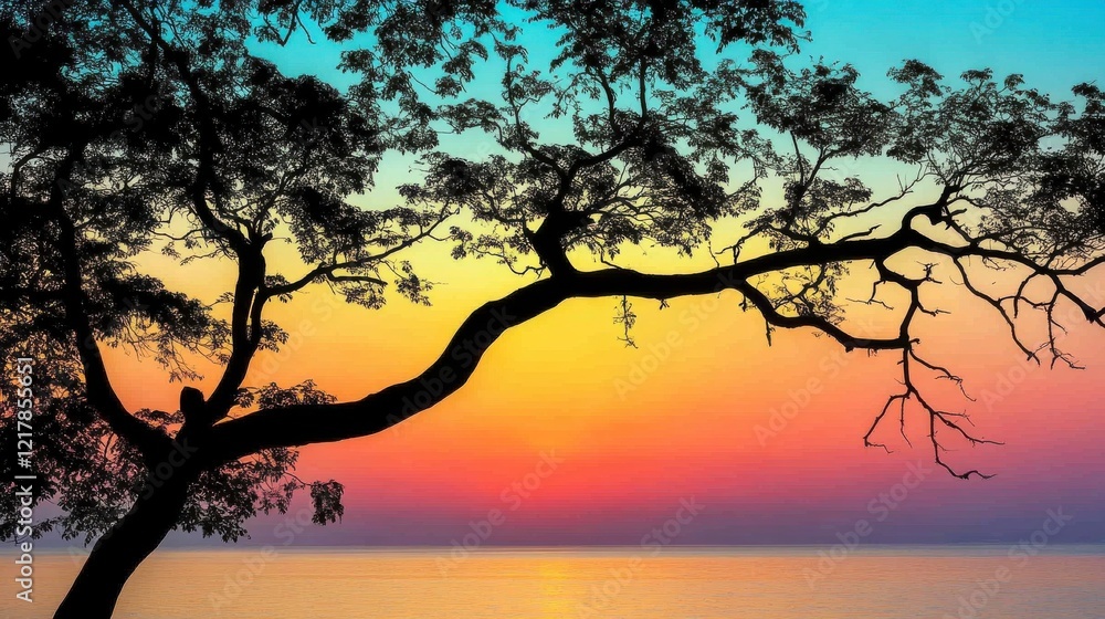 Colorful Sunset Silhouette Against Warm Sky Colorful Sunset Silhouette Against Warm Sky