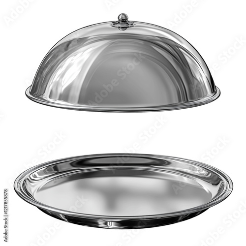 Polished silver cloche dome with serving tray, reflective and elegant, suitable for fine dining or catering setups, transparent background photo