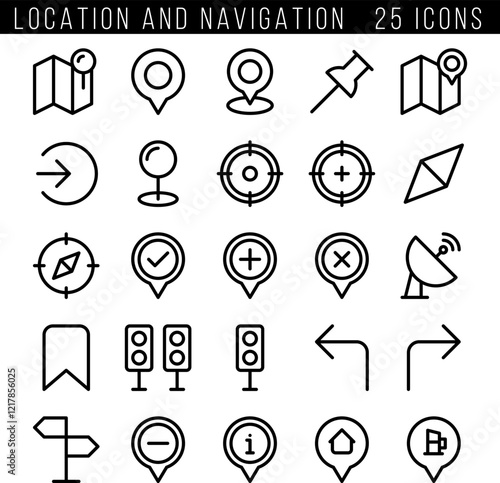 Set of 25  outline icons related to navigation, gps, location, route. Linear icon collection. Editable stroke. Vector illustration
