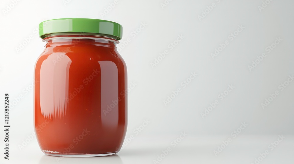 Glass jar filled with tomato sauce, with green lid, on a white background. Glass jar filled with tomato sauce, with green lid, on a white background.