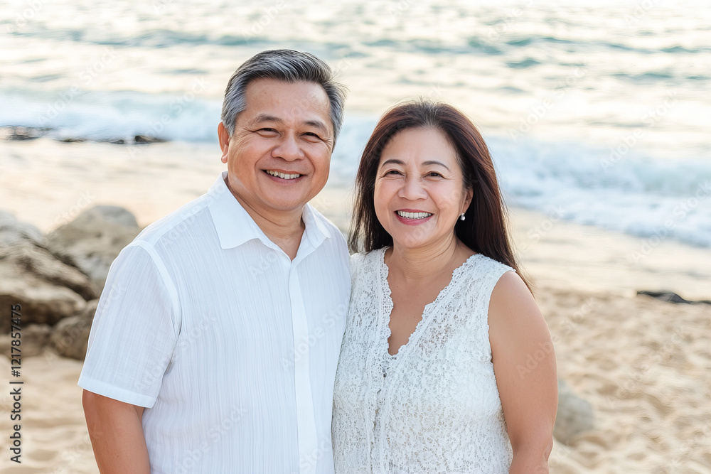 Joyful Senior Asian Couple Smiling Together at a Tropical Beach, Capturing a Moment of Happiness, Connection, and Relaxation in a Scenic Outdoor Setting Joyful Senior Asian Couple Smiling Together at a Tropical Beach, Capturing a Moment of Happiness, Connection, and Relaxation in a Scenic Outdoor Setting