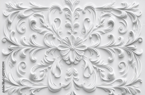 A detailed ornamental white relief showcasing beautiful floral and swirling leaf motifs. Ideal for interior design renderings, luxury decor concepts, or architectural embellishments.

