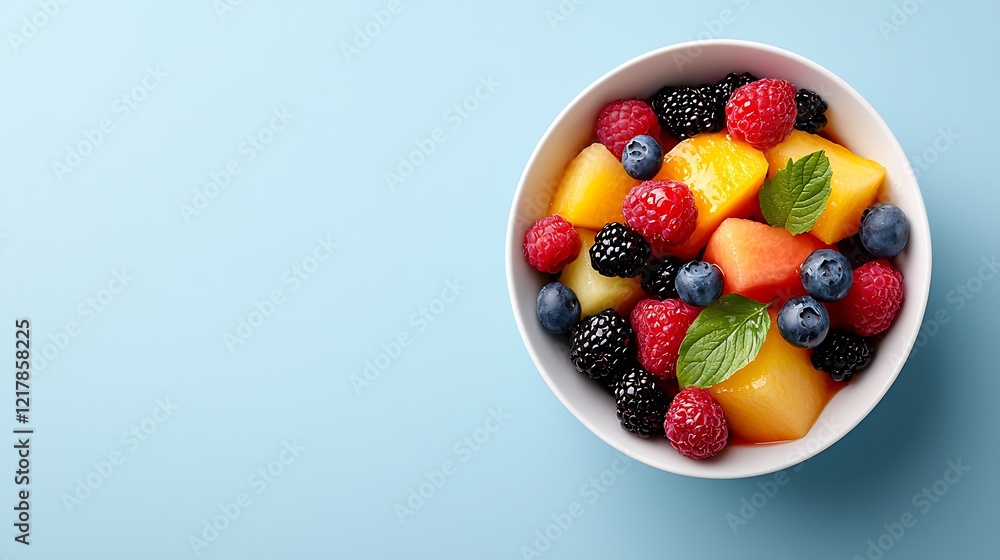Fresh fruit salad in a bowl on a blue background. Fresh fruit salad in a bowl on a blue background.