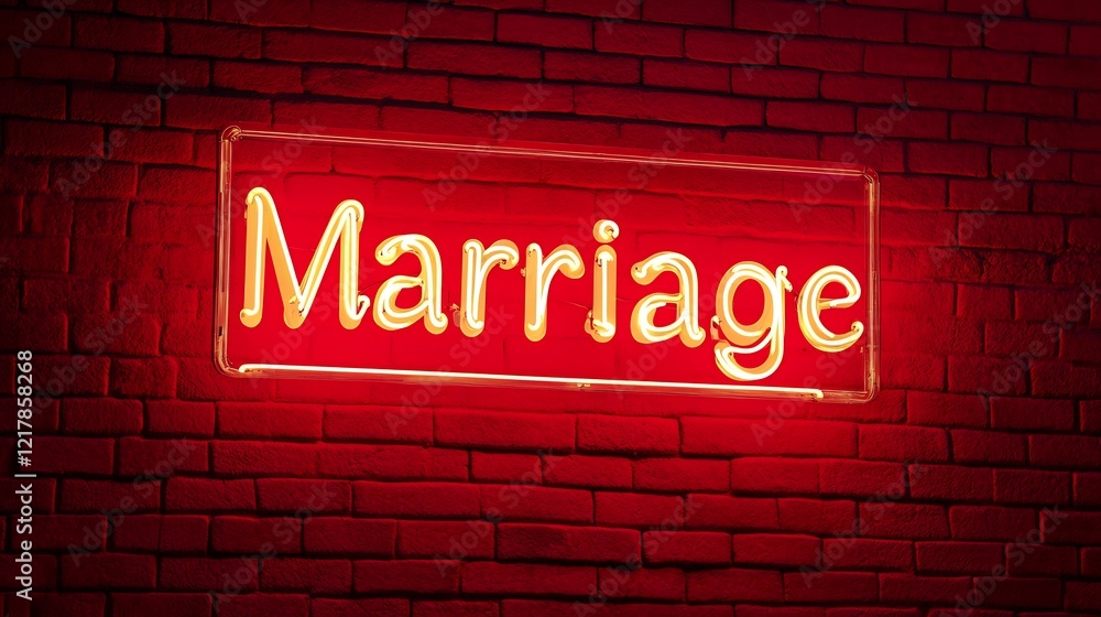 Neon lit sign with the word Marriage glowing against a red brick wall ideal for a Valentines Day wedding poster Neon lit sign with the word Marriage glowing against a red brick wall ideal for a Valentines Day wedding poster