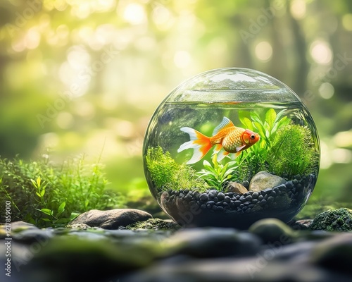 Goldfish in a Glass Bowl Surrounded by Nature photo