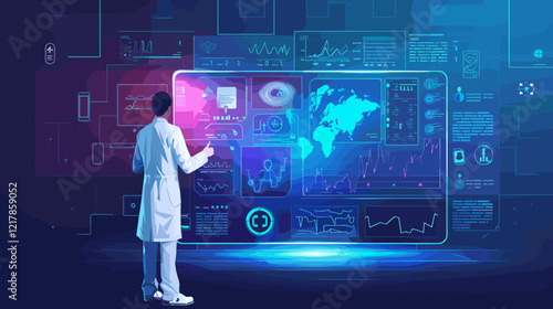 Doctor Analyzing Patient's Vital Signs on Modern Virtual Interface, Medical Technology and Healthcare Network Concept.