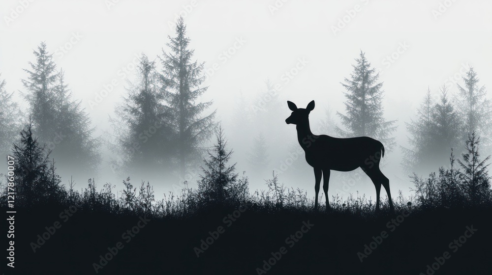 Foggy forest deer silhouette, serene nature scene, wildlife art, website banner Foggy forest deer silhouette, serene nature scene, wildlife art, website banner