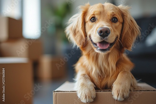 cheerful dog sits atop moving box while family members unpack their belongings in bright and welcoming home filled warmth and joy.