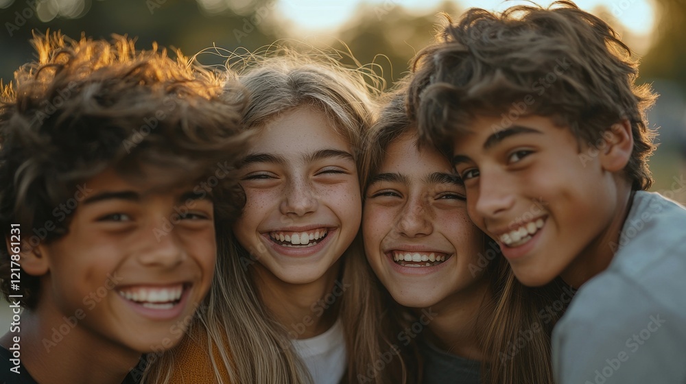 Fototapeta premium Four joyful friends are smiling brightly and having a lot of fun together in a beautiful outdoor environment