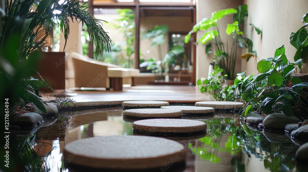 Fototapeta premium Serene Indoor Zen Garden Water Feature Stepping Stones