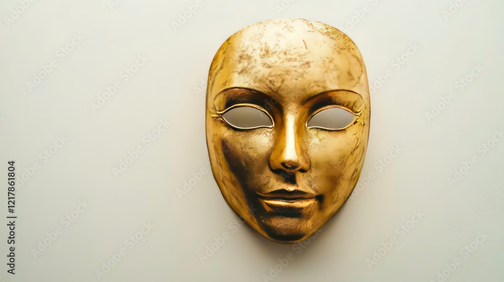 Golden mask on a plain white background, symbolizing luxury and elegance Golden mask on a plain white background, symbolizing luxury and elegance
