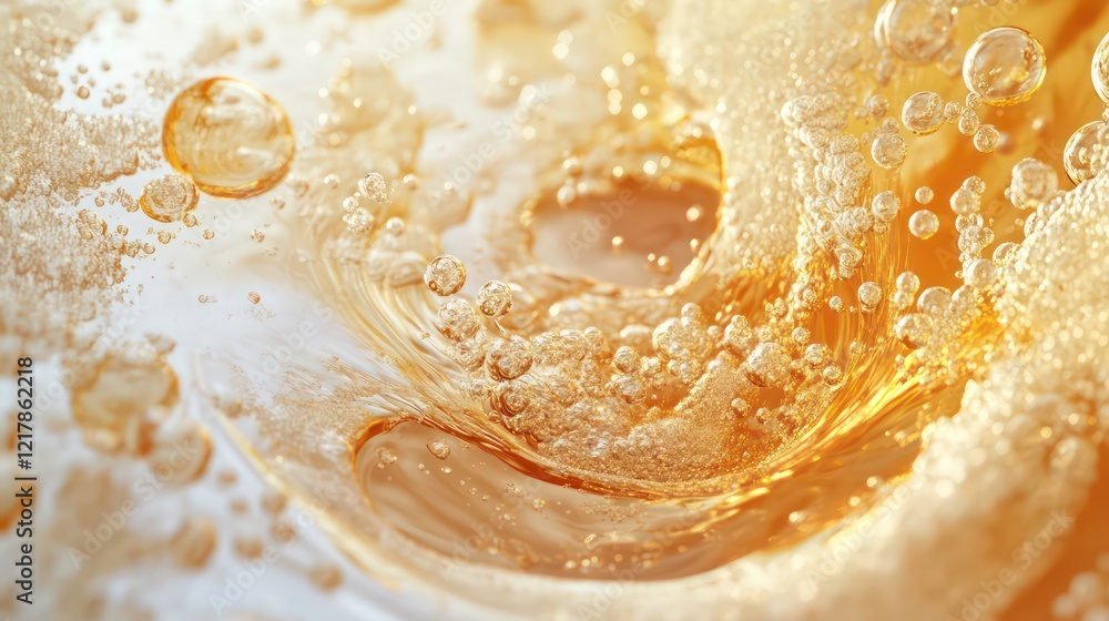 Golden oil being poured into a clear liquid, close-up of bubbles and flow, on white background Golden oil being poured into a clear liquid, close-up of bubbles and flow, on white background