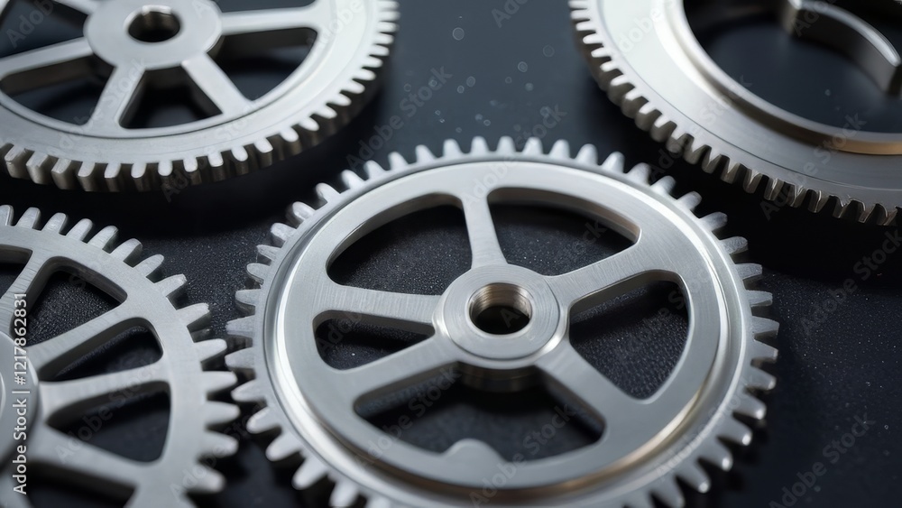 A close up of four gears, all of which are silver. The gears are all different sizes and are arranged in a row. Concept of precision and order, as the gears are all perfectly aligned A close up of four gears, all of which are silver. The gears are all different sizes and are arranged in a row. Concept of precision and order, as the gears are all perfectly aligned