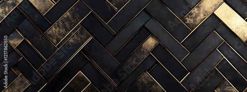 Abstract black and gold herringbone pattern background Modern luxury geometric wallpaper design with golden lines for wall decoration,


 photo