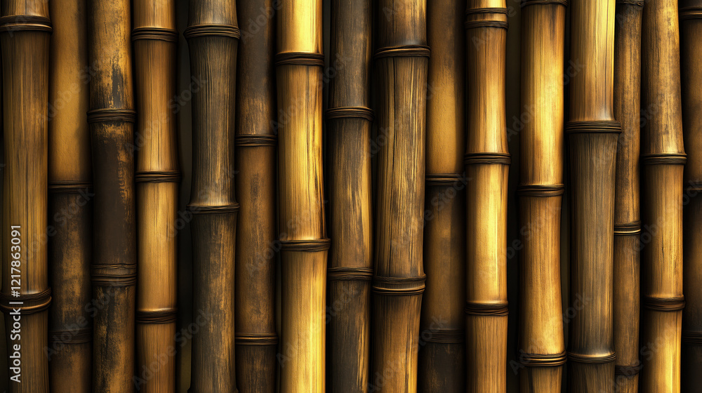 Fototapeta premium Seamless Pattern of Bamboo Planks Arranged Tightly with Linear Grain Textures, Warm Golden Hues, and a Smooth Natural Appearance