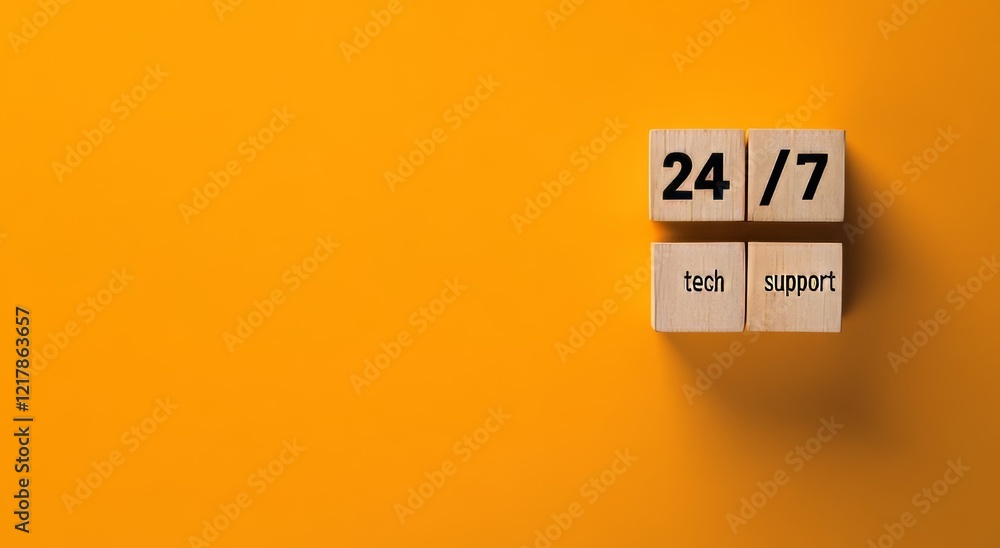 Cubes illustrate the phrase '24/7 support'. Attractive orange background. Business idea. Area for text Cubes illustrate the phrase '24/7 support'. Attractive orange background. Business idea. Area for text