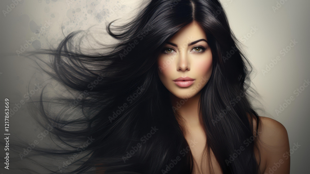 Naklejka premium A stunning young woman showcases her long black hair, radiating beauty and grace in this captivating portrait.