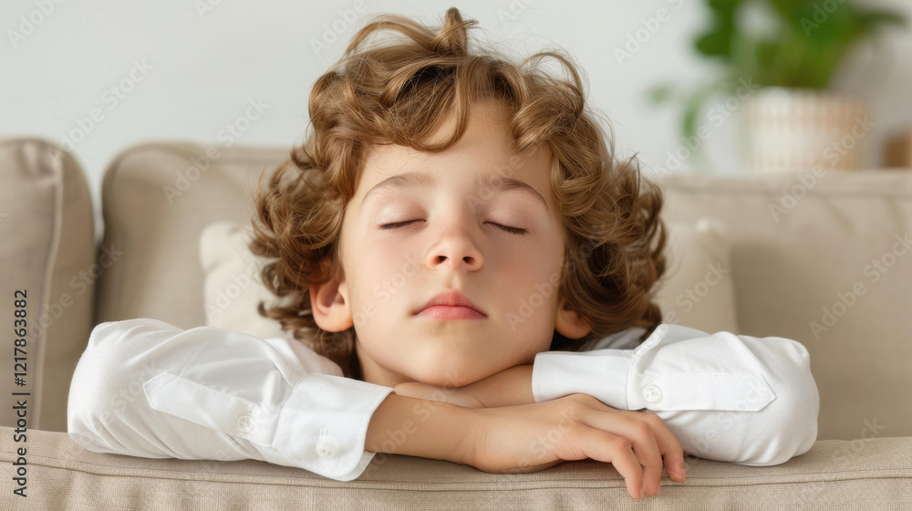 A young boy peacefully sleeps on the sofa at home, worn out from a busy day at school and comforted by the TVs glow.