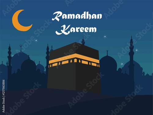 Ramadhan Kareem Illustration. featuring a silhouette of the Kaaba under a moonlit starry sky. Ideal for religious, educational, or cultural projects showcasing Islamic traditions