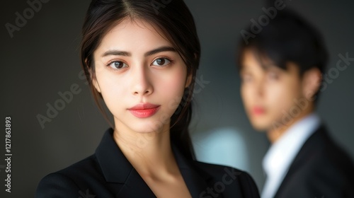 A strong businesswoman in a sleek black suit confidently presents her ideas in front of a businessman in the office. photo