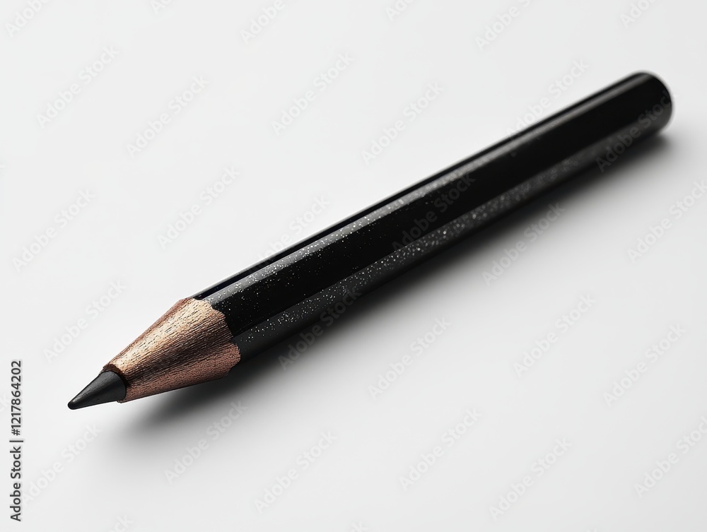 A close-up of a black pencil with a metallic tip on a white background. A close-up of a black pencil with a metallic tip on a white background.