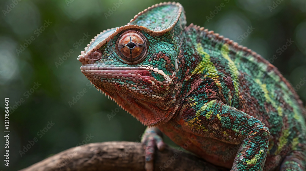 Fototapeta premium Chameleon, Green lizard on tree branch blending with nature in vibrant colors, Close-up Portrait of Colorful Chameleon on tree branch, Green Lizard on Forest Background