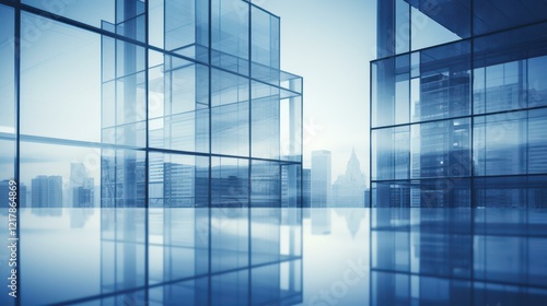 A sleek modern office building reflects the sky with its bluetoned glass, exemplifying contemporary architecture. photo