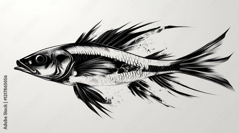 Fototapeta premium Monochrome fish illustration, dynamic pose, white background, splash effect, design element