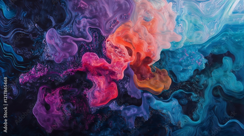 Fototapeta premium A close-up of swirling colors and shapes, resembling an ink cloud in deep blue, purple, orange, pink, red, teal, and green