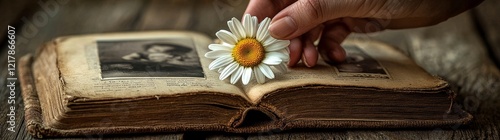 A flower held close by a hand, next to an open photography book, brings continual love and memory photo