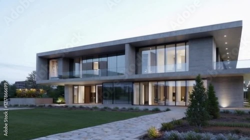 Modern luxury villa, minimalist architecture, expansive glass windows, twilight scene, manicured lawn, sleek exterior lighting, contemporary design, two-story structure, flat roof, geometric shapes, s