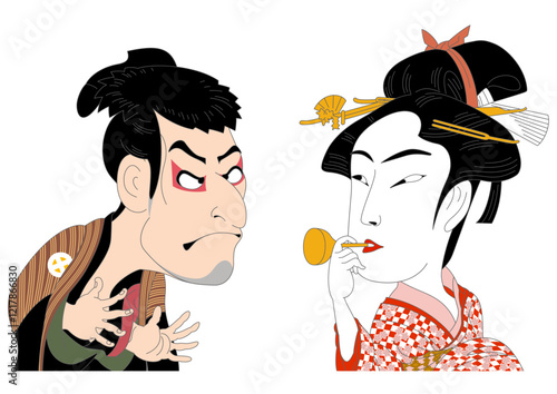 デフォルメした浮世絵の人物キャラクター