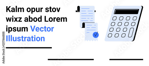 Calculator, paper receipts, and a check mark highlight financial themes. Ideal for invoicing, budgeting, accounting, finance apps, expense tracking, business reports, and financial planning. Landing