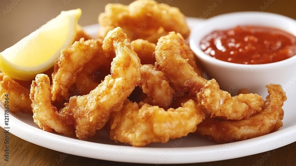 Plate of golden fried calamari served with marinara dipping sauce and a wedge of lemon Plate of golden fried calamari served with marinara dipping sauce and a wedge of lemon