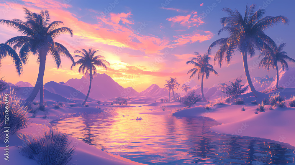 Frozen desert oasis at sunset. oasis. illustration. Sunset Oasis. Illustration Frozen desert oasis at sunset. oasis. illustration. Sunset Oasis. Illustration