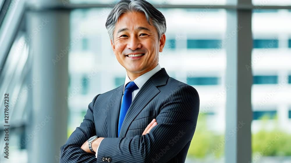 A poised senior businessman exudes confidence in formal attire, showcasing leadership in a sleek modern office space. A poised senior businessman exudes confidence in formal attire, showcasing leadership in a sleek modern office space.