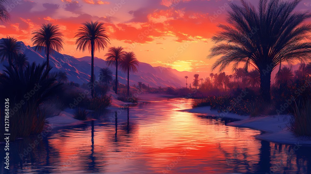 Serene sunset over desert oasis. Sunset Oasis. Illustration Serene sunset over desert oasis. Sunset Oasis. Illustration
