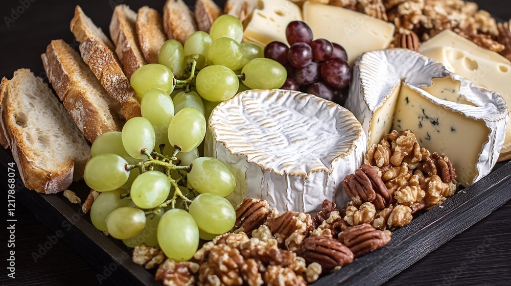 Platter of assorted French cheeses with grapes nuts and baguette slices Platter of assorted French cheeses with grapes nuts and baguette slices