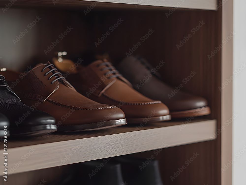 A stylish collection of elegant leather shoes neatly arranged on a wooden shelf Perfect for any occasion A stylish collection of elegant leather shoes neatly arranged on a wooden shelf Perfect for any occasion