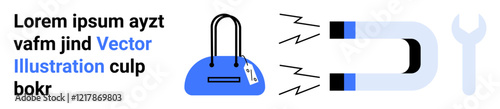 Handbag with a price tag, large magnet emitting magnetic waves, and a wrench. Ideal for online shopping, marketing, fashion, sale promotions, customer attraction, maintenance and DIY projects