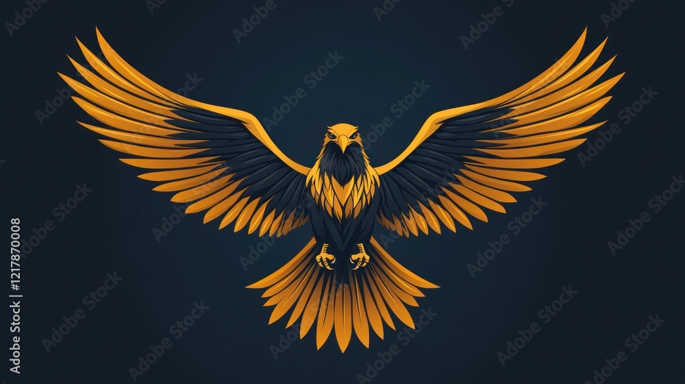 Fototapeta premium Golden eagle soaring, wings spread, dark background, logo design