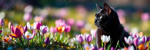 Black cat gazing thoughtfully amid colorful tulips in a vibrant spring garden, reflecting the renewal of life associated with March