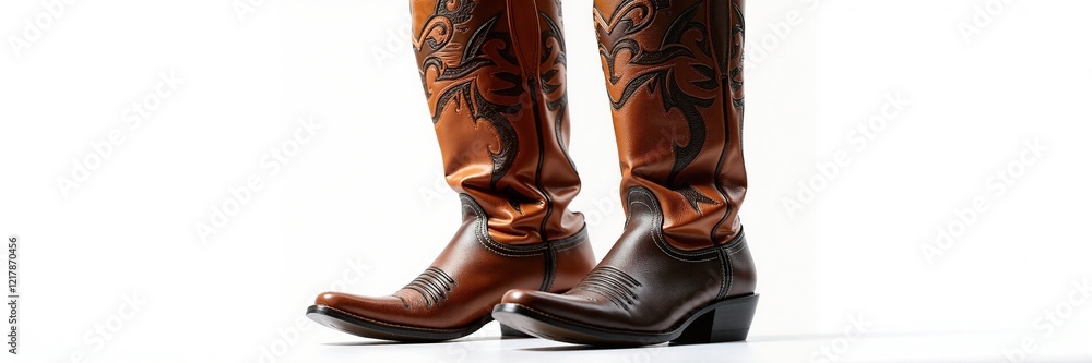 Brown and tan cowboy boots with intricate designs showcasing craftsmanship and style, conveying a rustic and patriotic spirit, set against a minimalist background. Independence Day USA Brown and tan cowboy boots with intricate designs showcasing craftsmanship and style, conveying a rustic and patriotic spirit, set against a minimalist background. Independence Day USA