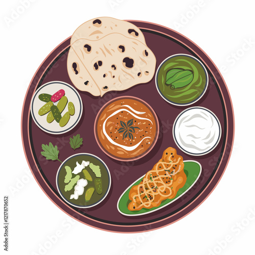 Indian Thali with Naan, Curries, and Pickles